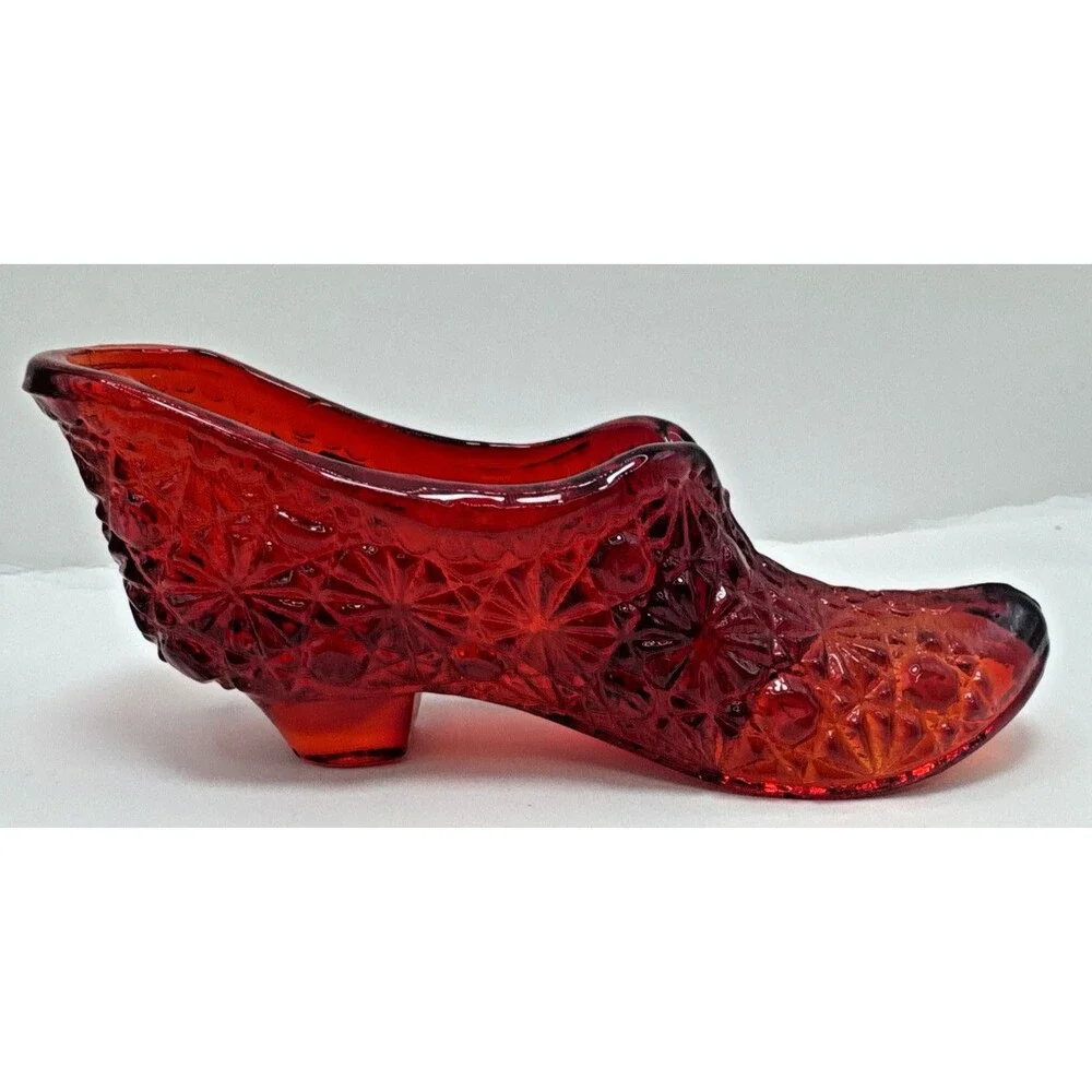VTG USA Fenton Colonial Green Hobnail Slipper Shoe Ruby Red Daisy and Button